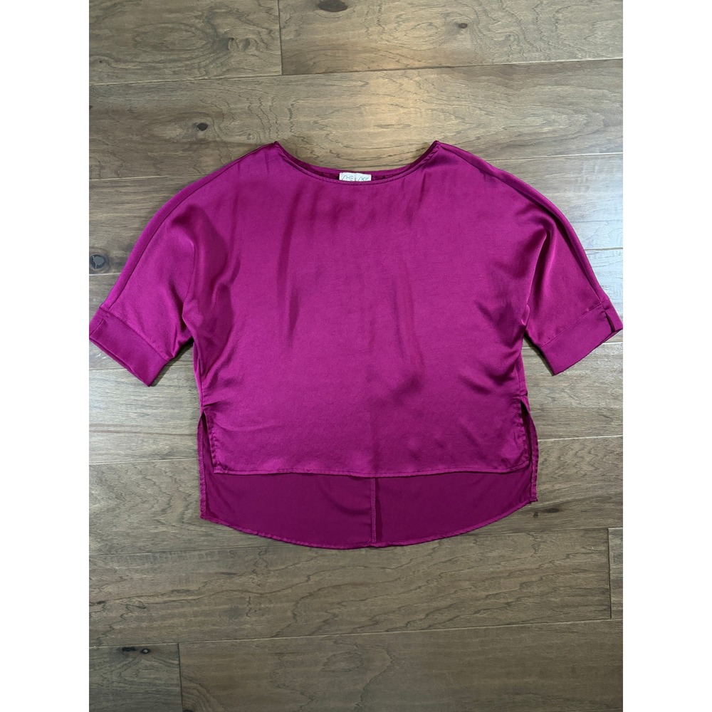 She + Sky Magenta Satin Boat Neck Pleated Back High-Low Blouse SS6769 Small